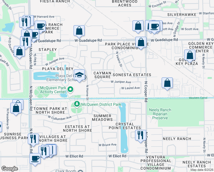 map of restaurants, bars, coffee shops, grocery stores, and more near 1074 West Laurel Avenue in Gilbert