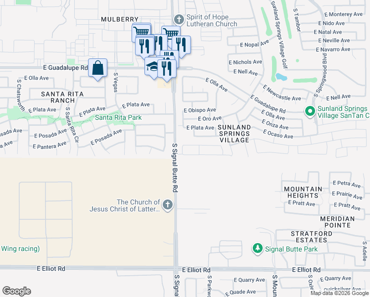 map of restaurants, bars, coffee shops, grocery stores, and more near 3117 South Signal Butte Road in Mesa