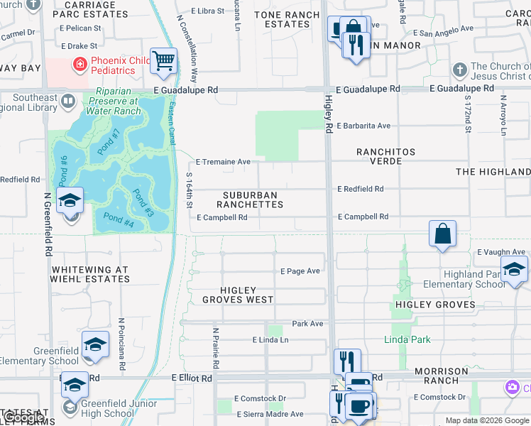 map of restaurants, bars, coffee shops, grocery stores, and more near 2976 East Campbell Road in Gilbert
