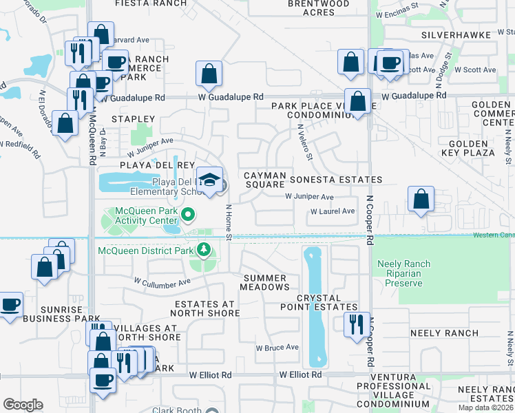 map of restaurants, bars, coffee shops, grocery stores, and more near 439-499 North Cambridge Street in Gilbert