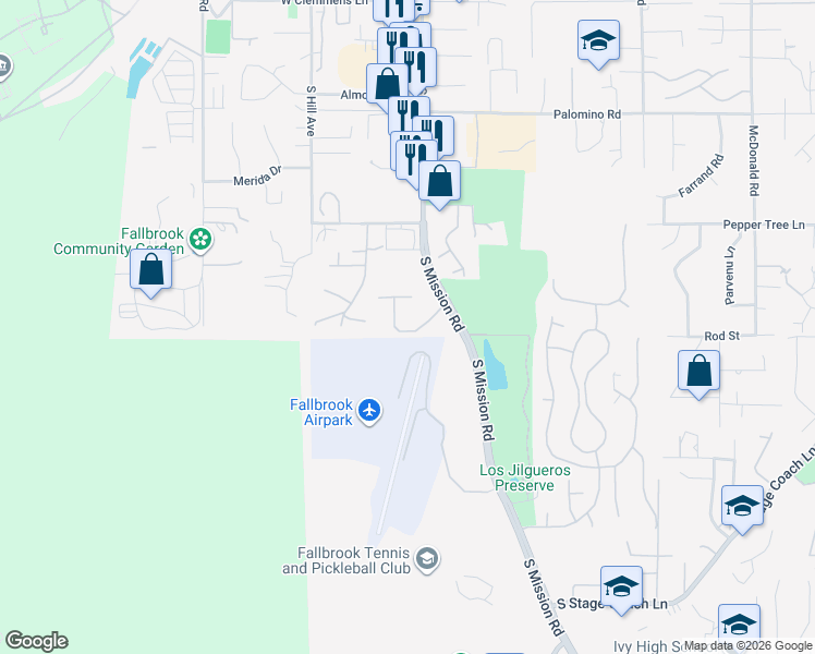 map of restaurants, bars, coffee shops, grocery stores, and more near 151 Mission Oaks Road in Fallbrook