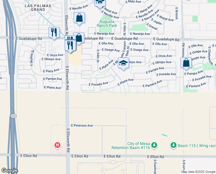 map of restaurants, bars, coffee shops, grocery stores, and more near 9446 East Plana Avenue in Mesa