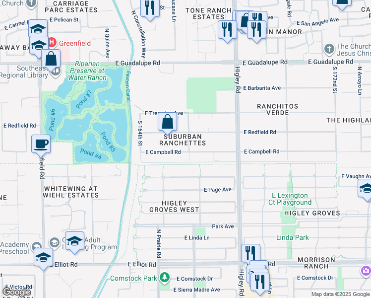 map of restaurants, bars, coffee shops, grocery stores, and more near 2976 East Campbell Road in Gilbert
