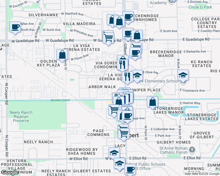 map of restaurants, bars, coffee shops, grocery stores, and more near 101 West Laurel Court in Gilbert