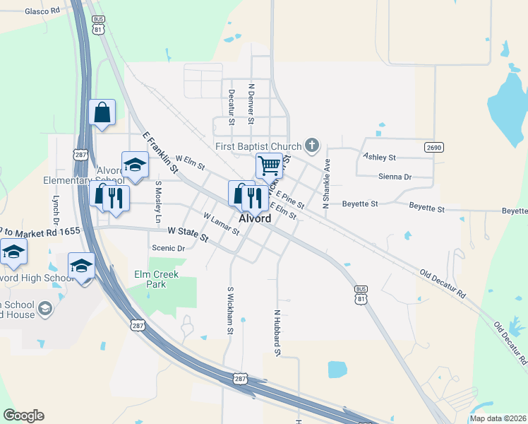 map of restaurants, bars, coffee shops, grocery stores, and more near 110 North Wickham Street in Alvord