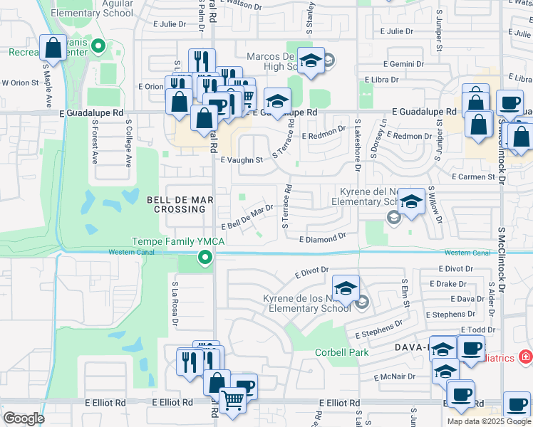 map of restaurants, bars, coffee shops, grocery stores, and more near 1014 East Redfield Road in Tempe