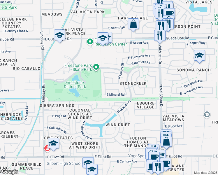 map of restaurants, bars, coffee shops, grocery stores, and more near 1232 East Commerce Avenue in Gilbert