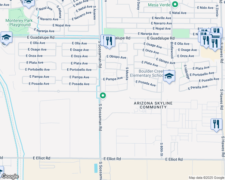 map of restaurants, bars, coffee shops, grocery stores, and more near 7650 East Peralta Avenue in Mesa