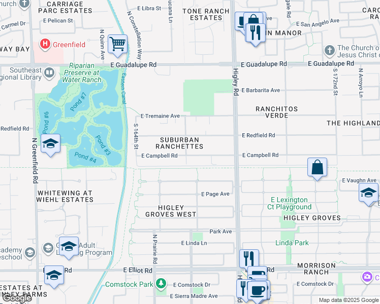 map of restaurants, bars, coffee shops, grocery stores, and more near 2976 East Campbell Road in Gilbert
