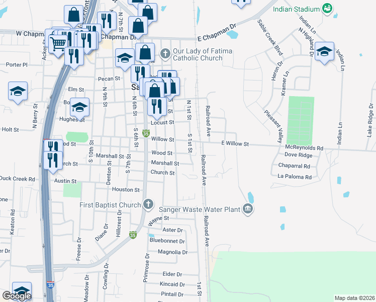 map of restaurants, bars, coffee shops, grocery stores, and more near 203 Wood Street in Sanger