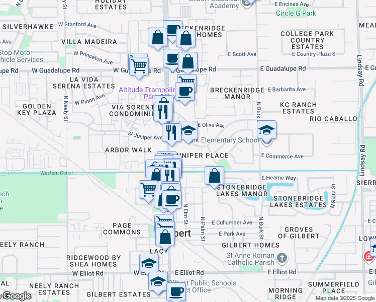 map of restaurants, bars, coffee shops, grocery stores, and more near 434 North Shaylee Lane in Gilbert