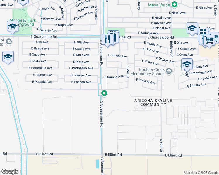 map of restaurants, bars, coffee shops, grocery stores, and more near 7650 East Peralta Avenue in Mesa