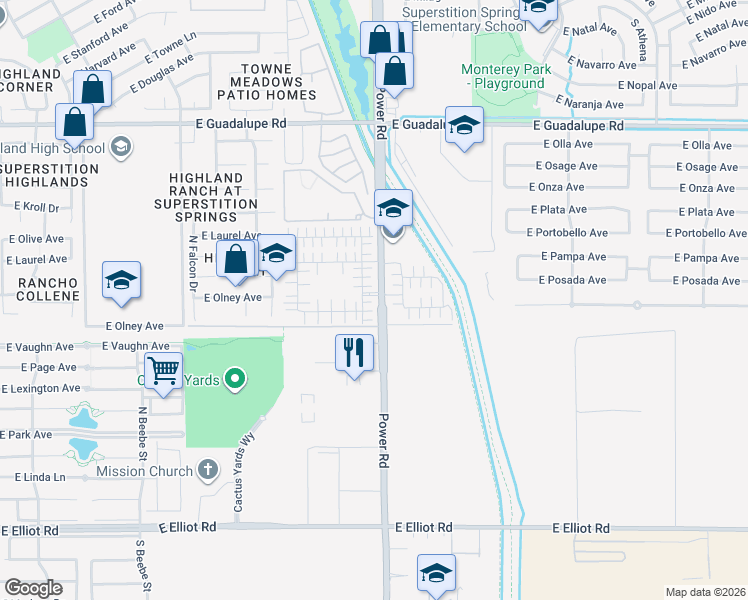 map of restaurants, bars, coffee shops, grocery stores, and more near 447 North Ranger Trail in Gilbert