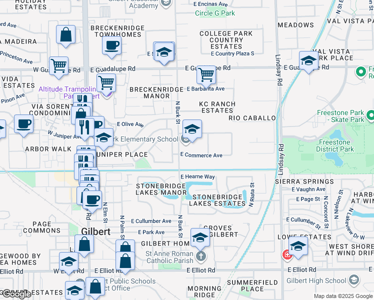 map of restaurants, bars, coffee shops, grocery stores, and more near 545 North Burk Street in Gilbert
