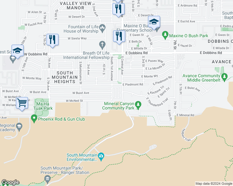 map of restaurants, bars, coffee shops, grocery stores, and more near 15 West Piedmont Road in Phoenix
