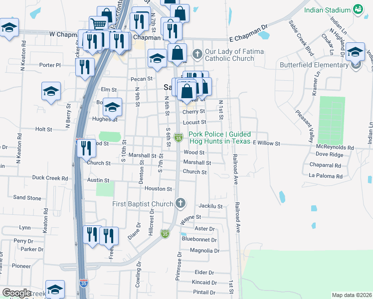 map of restaurants, bars, coffee shops, grocery stores, and more near 404 Wood Street in Sanger