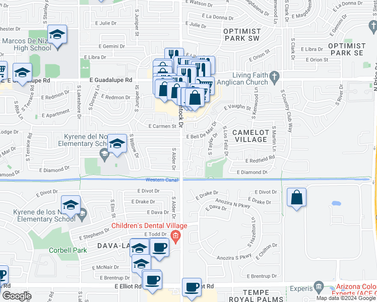 map of restaurants, bars, coffee shops, grocery stores, and more near S Apartment in Tempe