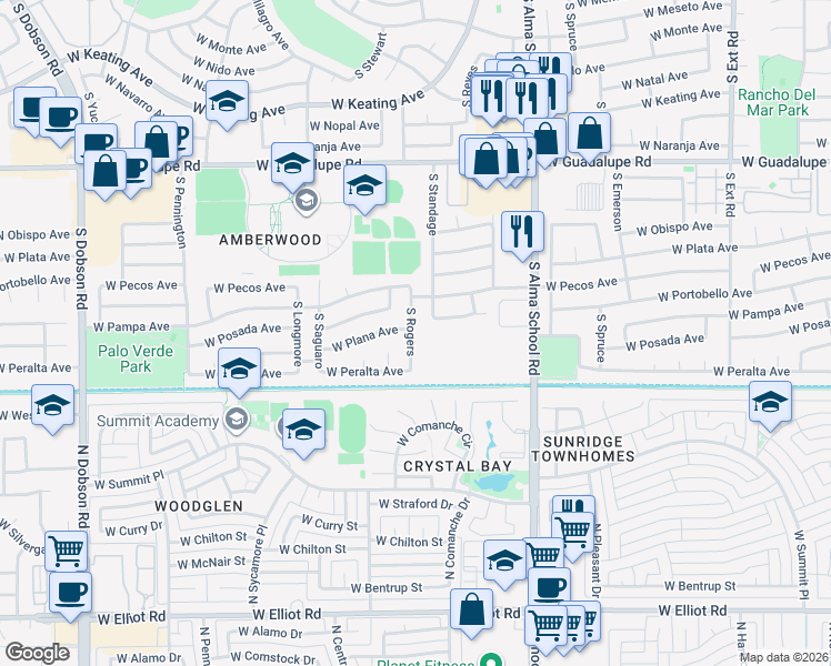map of restaurants, bars, coffee shops, grocery stores, and more near 3122 South Rogers in Mesa