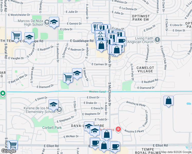 map of restaurants, bars, coffee shops, grocery stores, and more near 1616 East Laura Lane in Tempe