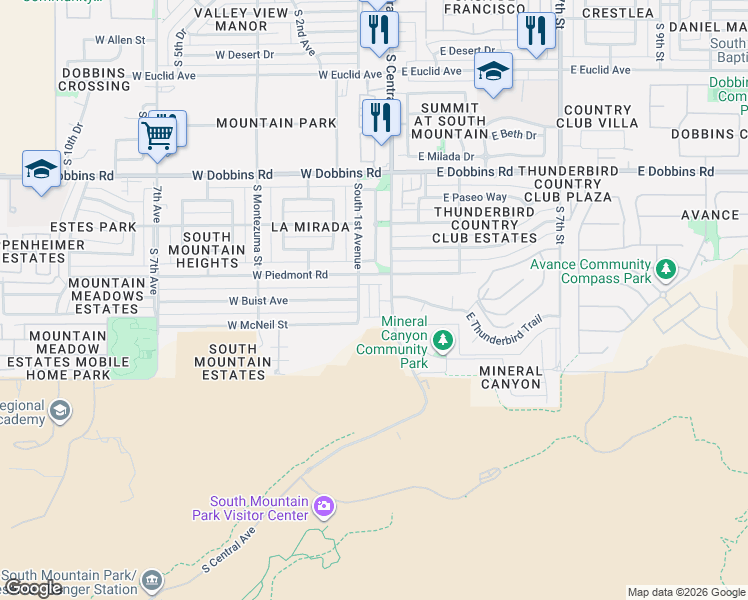 map of restaurants, bars, coffee shops, grocery stores, and more near 15 West Piedmont Road in Phoenix