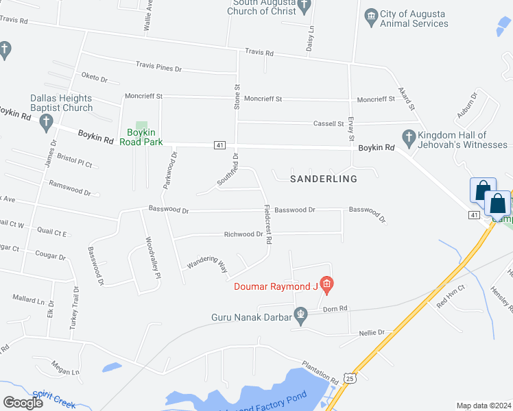 map of restaurants, bars, coffee shops, grocery stores, and more near 2289 Basswood Drive in Augusta