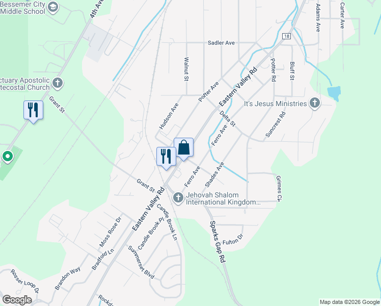 map of restaurants, bars, coffee shops, grocery stores, and more near 1230 Eastern Valley Road in Bessemer
