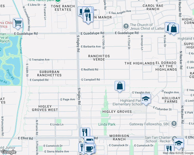 map of restaurants, bars, coffee shops, grocery stores, and more near 3340 East Campbell Road in Gilbert