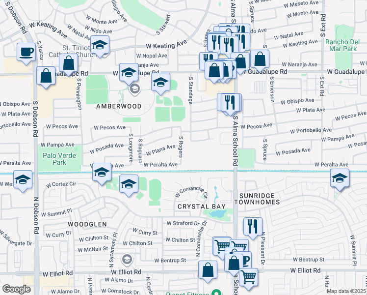 map of restaurants, bars, coffee shops, grocery stores, and more near 3122 South Rogers in Mesa