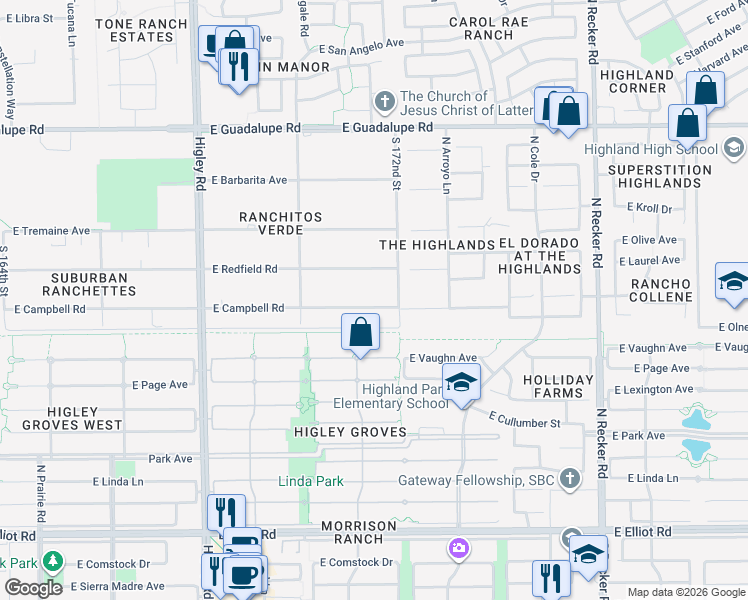 map of restaurants, bars, coffee shops, grocery stores, and more near 3530 East Campbell Road in Gilbert
