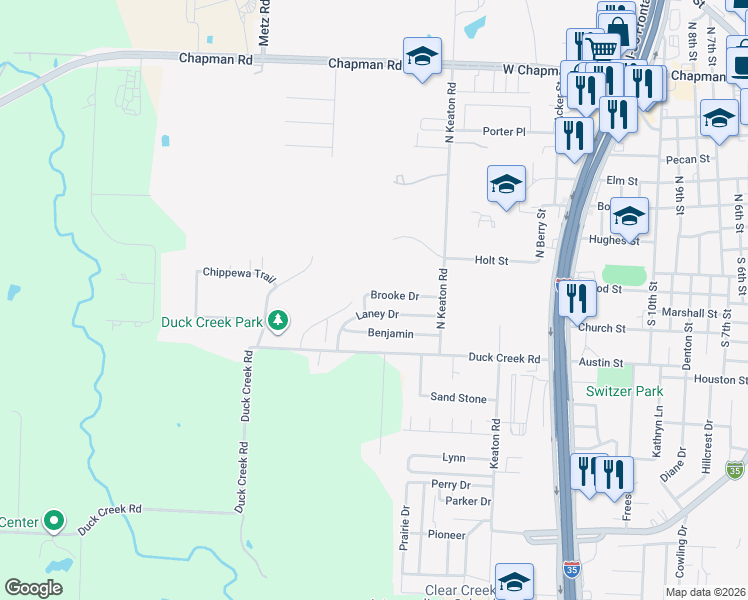 map of restaurants, bars, coffee shops, grocery stores, and more near 2031 Laney Drive in Sanger