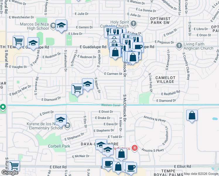 map of restaurants, bars, coffee shops, grocery stores, and more near 1616 East Laura Lane in Tempe