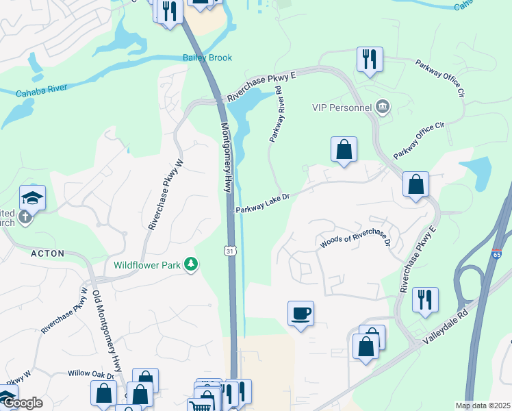 map of restaurants, bars, coffee shops, grocery stores, and more near 2171 Parkway Lake Drive in Hoover