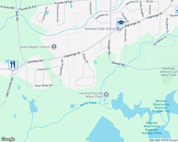 map of restaurants, bars, coffee shops, grocery stores, and more near 10 Bailey Drive in Newnan
