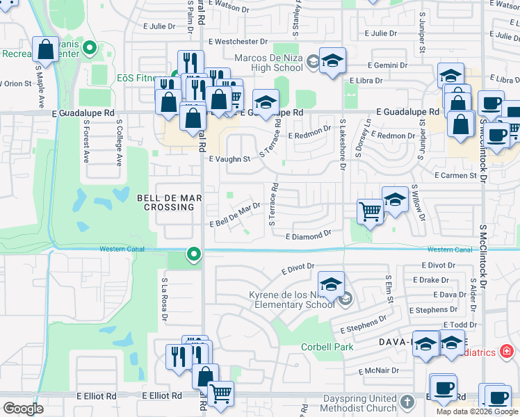 map of restaurants, bars, coffee shops, grocery stores, and more near 1014 East Redfield Road in Tempe