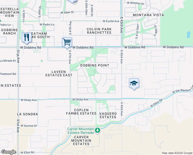 map of restaurants, bars, coffee shops, grocery stores, and more near 9718 South 45th Avenue in Phoenix