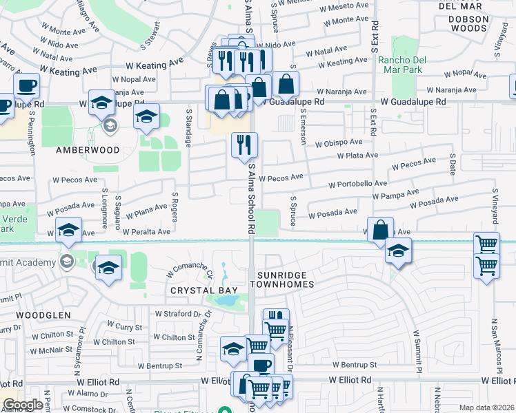 map of restaurants, bars, coffee shops, grocery stores, and more near 1136 West Pampa Avenue in Mesa