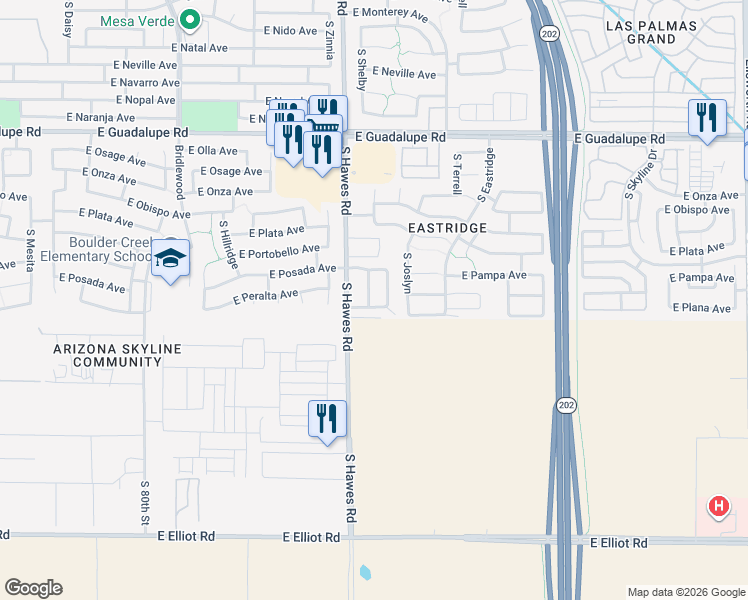 map of restaurants, bars, coffee shops, grocery stores, and more near 8421 East Peralta Avenue in Mesa