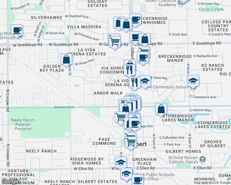 map of restaurants, bars, coffee shops, grocery stores, and more near 101 West Laurel Court in Gilbert