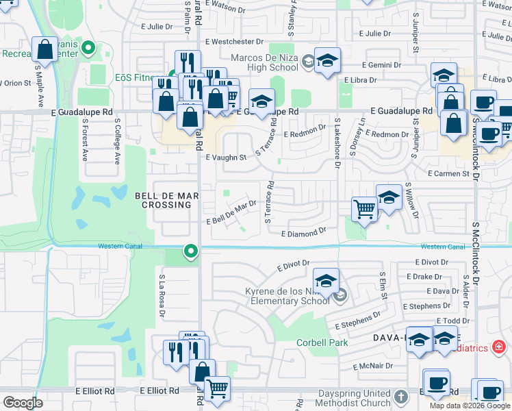 map of restaurants, bars, coffee shops, grocery stores, and more near 1014 East Redfield Road in Tempe