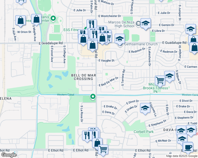 map of restaurants, bars, coffee shops, grocery stores, and more near 902 East Shobe Drive in Tempe