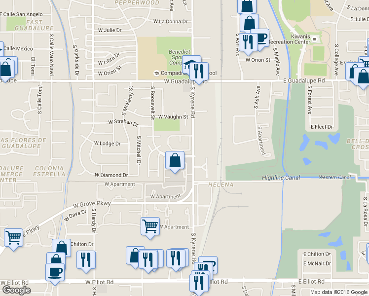 map of restaurants, bars, coffee shops, grocery stores, and more near 317 West Lodge Drive in Tempe
