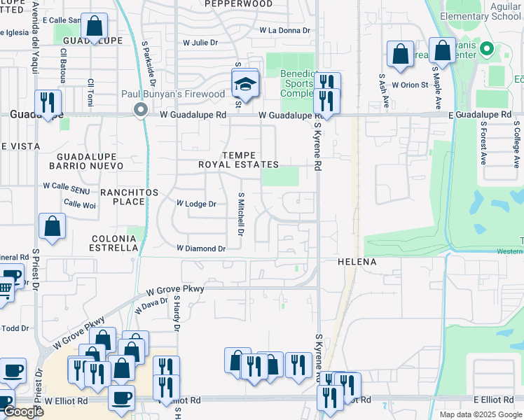 map of restaurants, bars, coffee shops, grocery stores, and more near 507 West Dennis Court in Tempe