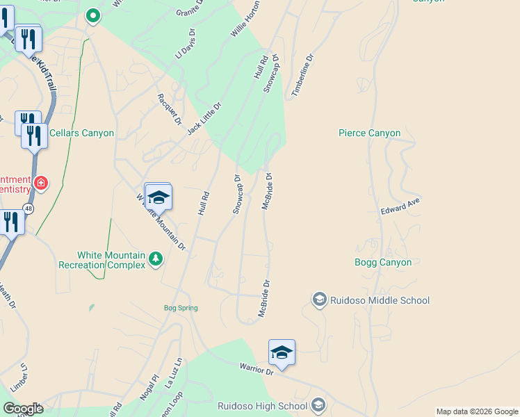 map of restaurants, bars, coffee shops, grocery stores, and more near 357 McBride Drive in Ruidoso