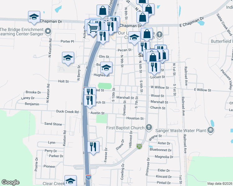 map of restaurants, bars, coffee shops, grocery stores, and more near 913 Marshall Street in Sanger