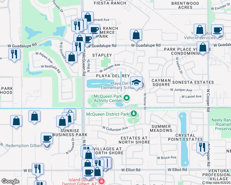 map of restaurants, bars, coffee shops, grocery stores, and more near 1437 West Commerce Avenue in Gilbert