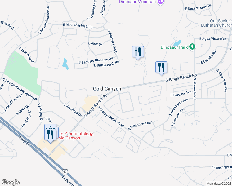 map of restaurants, bars, coffee shops, grocery stores, and more near 8995 East Avenida Las Noches in Gold Canyon