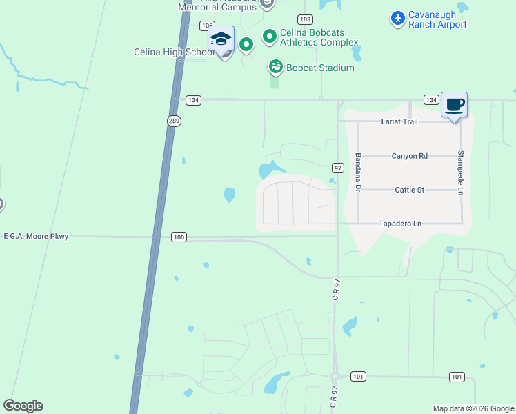 map of restaurants, bars, coffee shops, grocery stores, and more near 1416 Green Valley Way in Celina