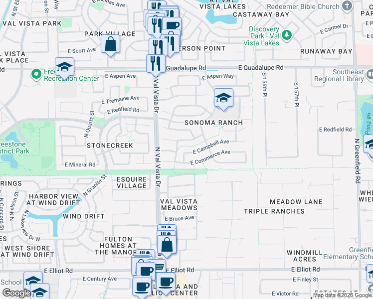 map of restaurants, bars, coffee shops, grocery stores, and more near 1709 East Campbell Avenue in Gilbert