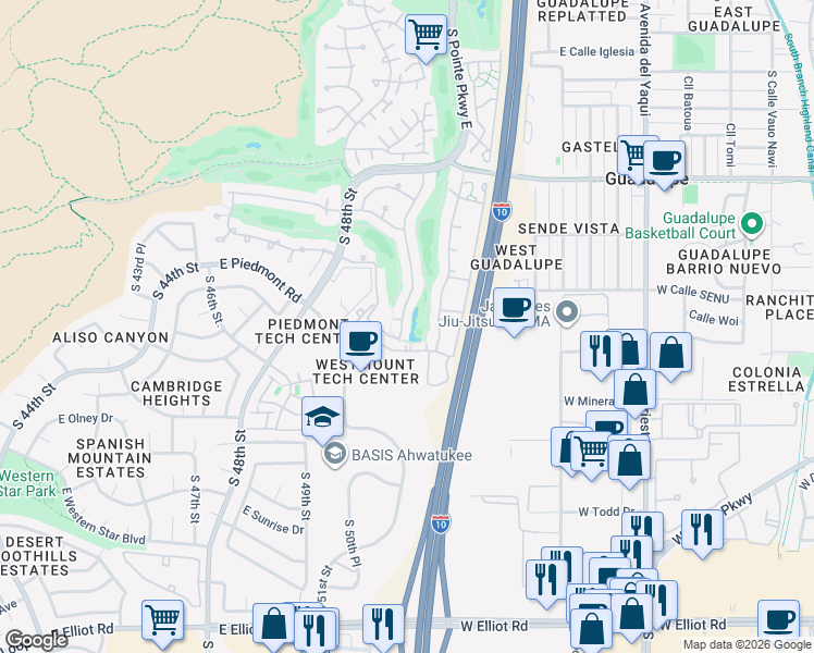 map of restaurants, bars, coffee shops, grocery stores, and more near 9649 South 51st Street in Phoenix