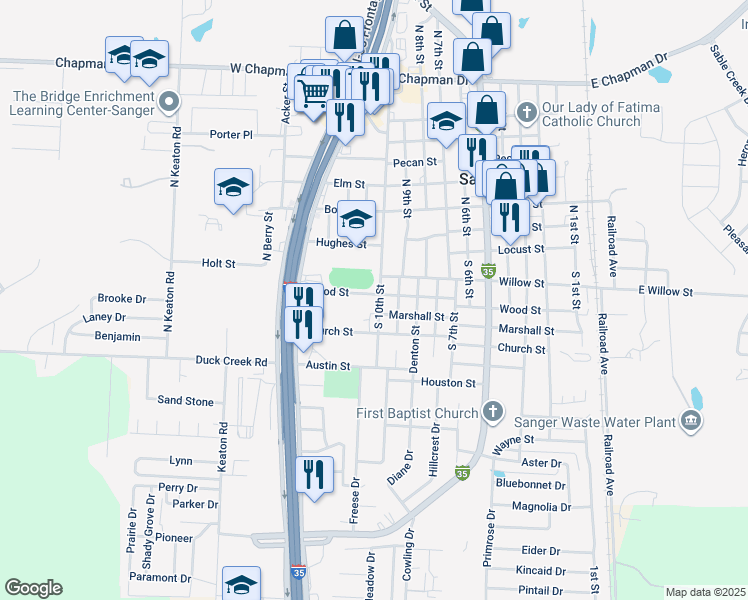 map of restaurants, bars, coffee shops, grocery stores, and more near 1004 Wood Street in Sanger